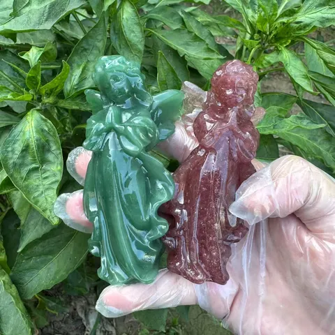 Natural Crystal Semi Precious Stone Hand Carved Cupid Angel Figurine Healing Quartz Obsidian Opalite Guardian Angel Sculpture Home Office Tabletop Desk Ornament Gift