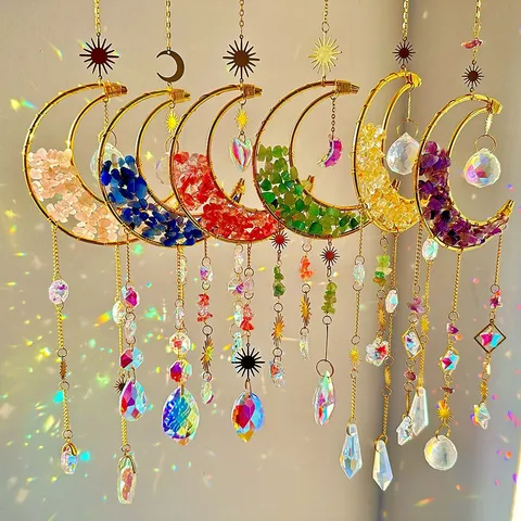 Crystal Sun Catcher Moon Sun Hanging Ornament Natural Stone Suncatcher Prism Rainbow Maker Boho Wind Chime Garden Home Decor