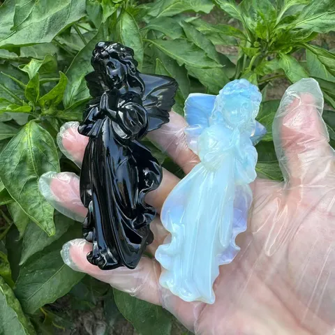 Natural Crystal Semi Precious Stone Hand Carved Cupid Angel Figurine Healing Quartz Obsidian Opalite Guardian Angel Sculpture Home Office Tabletop Desk Ornament Gift