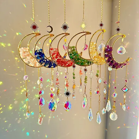Crystal Sun Catcher Moon Sun Hanging Ornament Natural Stone Suncatcher Prism Rainbow Maker Boho Wind Chime Garden Home Decor