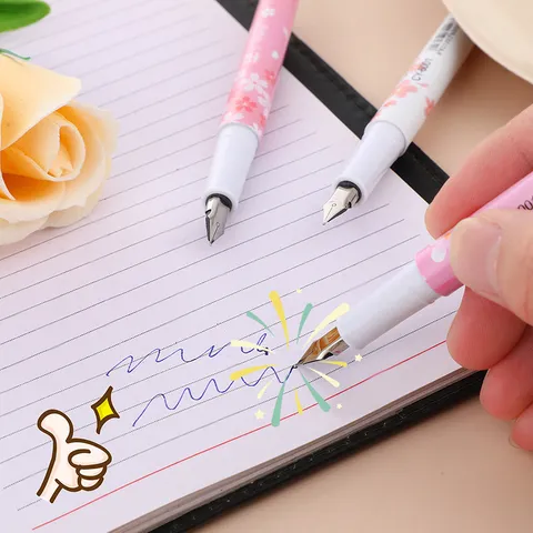 Schattige Kersenbloesem Print Vulpen Set Studenten Schrijfoefening Cartoon Inkt Vulpen Met Vervangende Inktpatronen