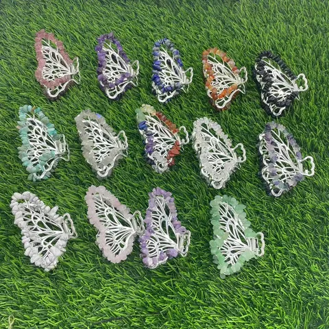 Legierung Schmetterling Haarspangen Naturstein Kristall Haarkrallen Eingelegte Quarz Trommelsteine Haarnadeln Mode Haarschmuck Für Damen