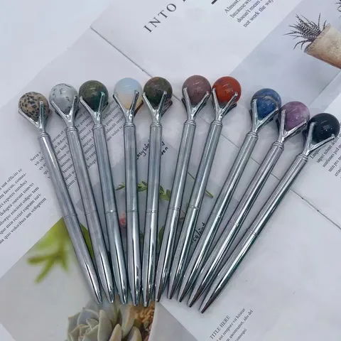 Elegant Metal Ballpoint Pen Decorated With Natural Gemstone Sphere Crystal Stone Writing Pen For Office School Business Gift