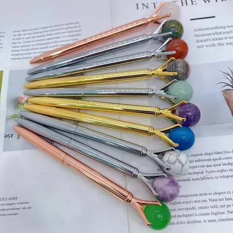 Natural Semi-Precious Stone Ballpoint Pen Crystal Sphere Top Metal Writing Pen Rose Gold Silver Stationery Office Gift
