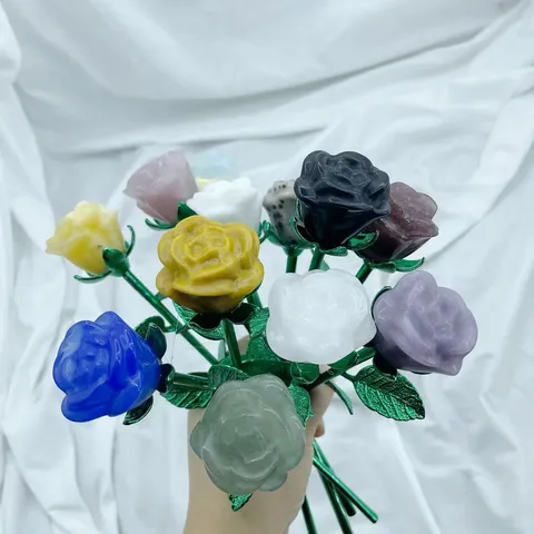Natural Gemstone Carved Rose Flower Figurine Crystal Rose Quartz Detachable Metal Stem Floral Craft Desk Ornament Home Room Office Decor Festival Souvenir Gift