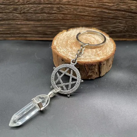 Natürliche Edelstein Sechseckige Säule Schlüsselbund Stern Legierung Anhänger Doppelspitze Kugel Kristall Quarz Schlüsselring Für Tasche Charme Unisex