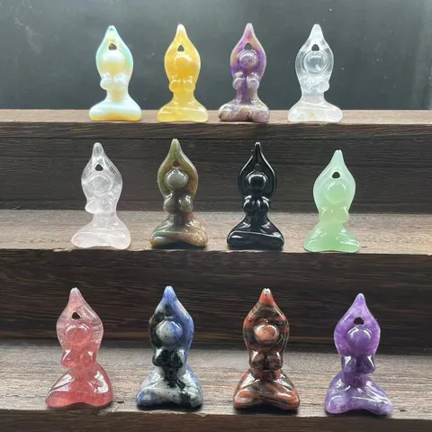 Natural Gemstone Yoga Woman Figurine Carved Crystal Meditation Girl Statue Healing Stone Spiritual Zen Decor Home Office Small Ornament