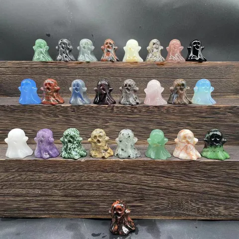Natural Stone Crystal Ghost Figurine Halloween Decor Mini Gemstone Ghost Statues For Desk Party Favors Polished Quartz Ornament