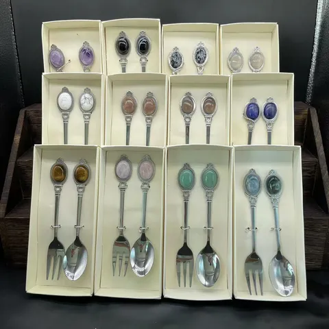 Set Cucchiaio E Forchetta In Pietra Preziosa Di Cristallo Naturale Posate Intagliate In Metallo Stile Palazzo Reale Vintage In Scatola Regalo