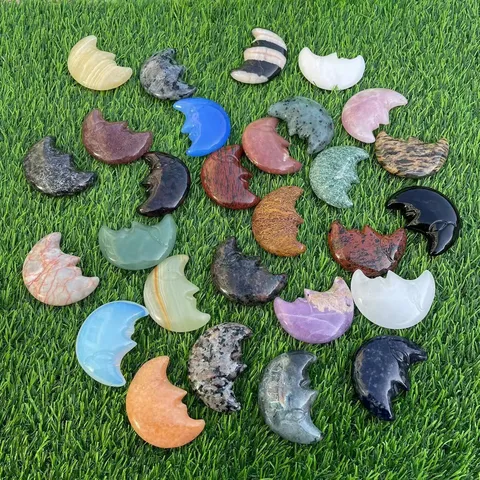 Natural Crystal Semi Precious Stone Double Sided Carved Moon Face Figurine Healing Quartz Craft Mineral Ornament Desk Decor
