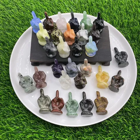 Natural Semi-Precious Stone Middle Finger Figurine Hand Gesture Carving Ornament Creative Gemstone Desktop Decoration Novelty Gift