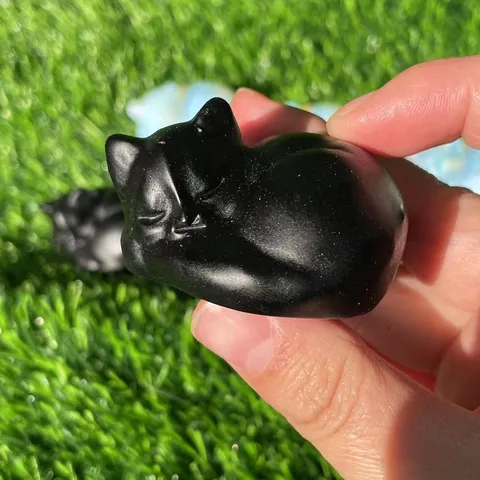 Natürlicher Obsidian Opalit Schlafende Katze Kristall Schnitzerei Ornament Halbedelstein Tier Skulptur Haus Schreibtisch Deko Figur