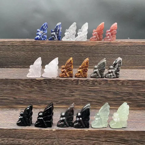 Natural Crystal Flower Fairy Figurine Semi Precious Stone Miniature Elf Angel Wings Sculpture Home Office Desk Decor