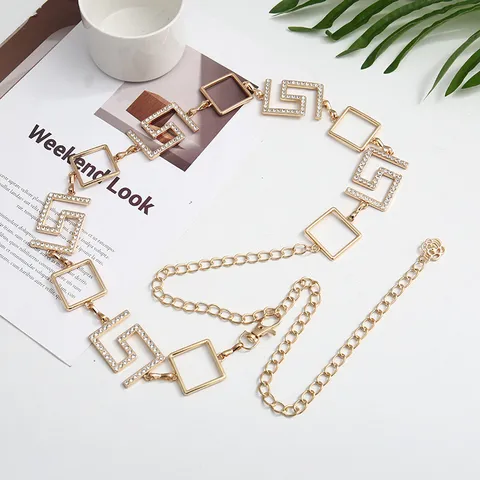 Minimalist Alloy Geometric Rhinestone Waist Chain Gold Silver Plated Fashion Body Jewelry Waist Belt For Women Party