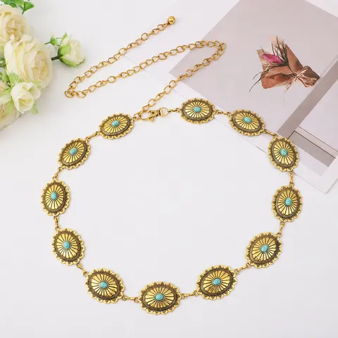Women Metal Vintage Waist Chain Rhinestone Inlaid Ethnic Style Adjustable Dress Belt Fashion Body Jewelry