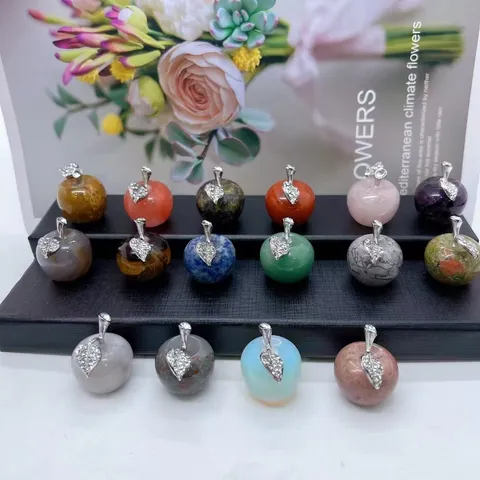 Natural Gemstone Apple Figurine Polished Crystal Stone Apple Decorative Ornament With Rhinestone Leaf Christmas Valentine Gift Home Decor