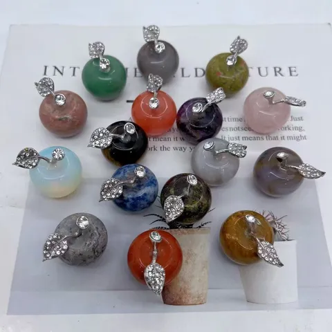 Natural Gemstone Apple Figurine Polished Crystal Stone Apple Decorative Ornament With Rhinestone Leaf Christmas Valentine Gift Home Decor