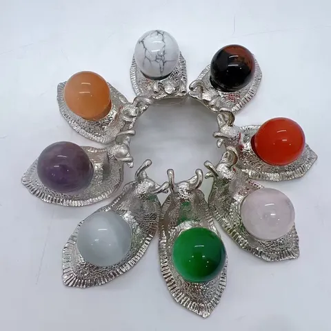 Natural Crystal Gemstone Ball Snail Figurine Silver Alloy Base Carved Stone Snail Ornament Desktop Decoration Healing Crystal Gift