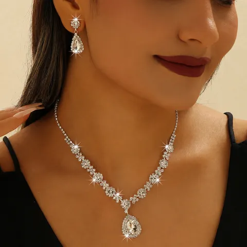 Crystal Rhinestone Crown Necklace Earrings Set Bridal Wedding Party Jewelry Set Silver Plated Fashion Accessories