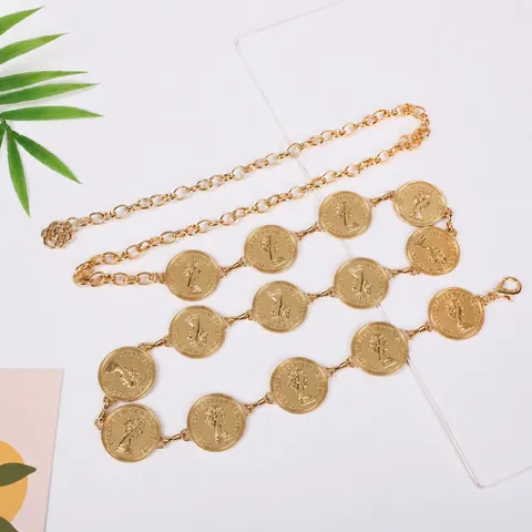 Fashion Women Zinc Alloy Waist Chain Vintage Coin Pendant Body Chain Metal Waist Belt Gold Silver Plated Dress Jewelry
