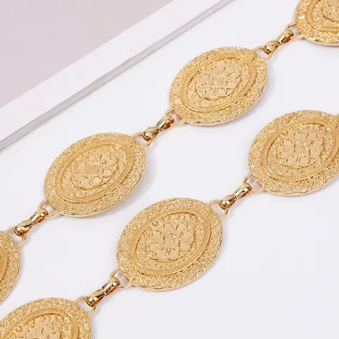 Women Retro Metal Waist Chain Vintage Gold Plated Carved Coin Chain Belt Ethnic Style Dress Pants Body Jewelry Accessories