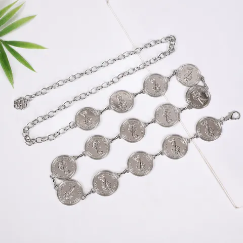 Fashion Women Zinc Alloy Waist Chain Vintage Coin Pendant Body Chain Metal Waist Belt Gold Silver Plated Dress Jewelry