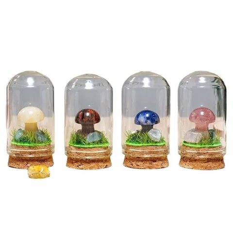 Natural Semi-Precious Stone Mushroom Carved Figurine In Glass Dome With Wood Base Desktop Micro Landscape Crystal Ornament Decoration