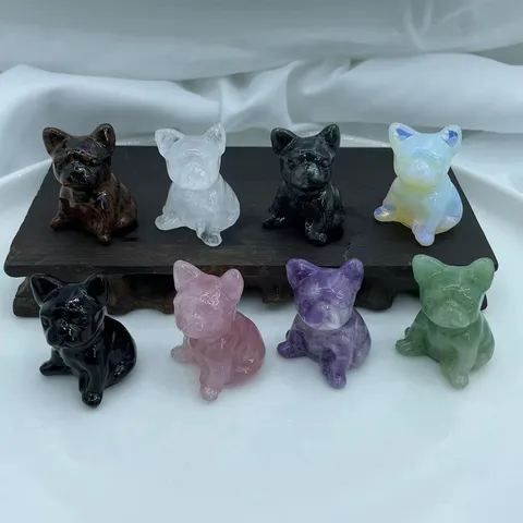 Natural Crystal Gemstone French Bulldog Figurine Hand Carved Miniature Dog Statue Semi Precious Stone Animal Puppy Healing Quartz Sculpture Desk Room Tabletop Decor