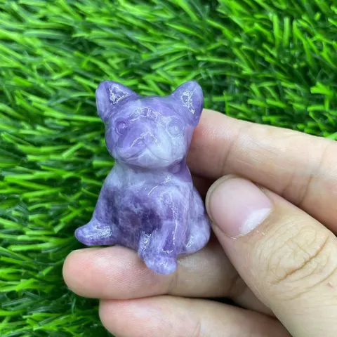 Natural Crystal Gemstone French Bulldog Figurine Hand Carved Miniature Dog Statue Semi Precious Stone Animal Puppy Healing Quartz Sculpture Desk Room Tabletop Decor