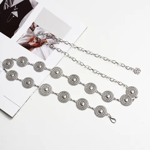 Women Fashion Metal Waist Chain Hollow Flower Design Gold Silver Tone Dress Sweater Belt Body Jewelry