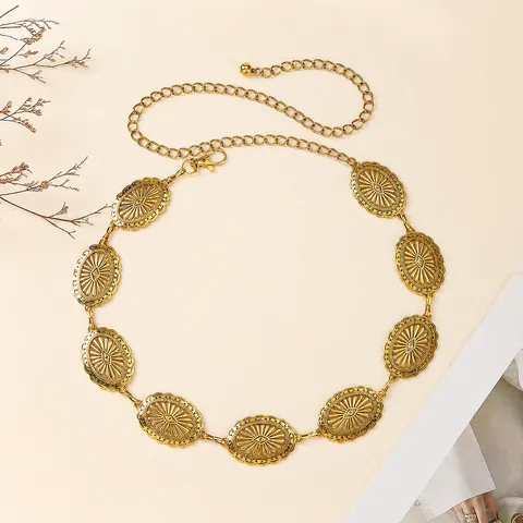 Retro Hollow Floral Disc Metal Waist Chain Women Fashion Vintage Body Chain Dress Waist Belt Jewelry Accessories