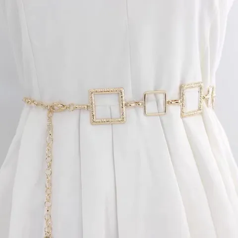 Women Fashion Metal Waist Chain Versatile Geometric Square Link Chain Belt Adjustable Body Jewelry Waistband Accessories