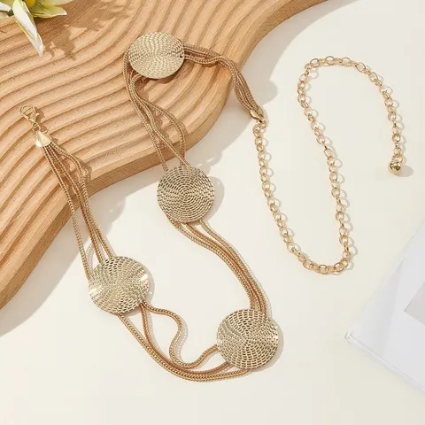 Women Metal Chain Waist Belt Fashion Gold Multi-Layered Disc Hollow Waistchain Dress Suit Decorative Body Jewelry