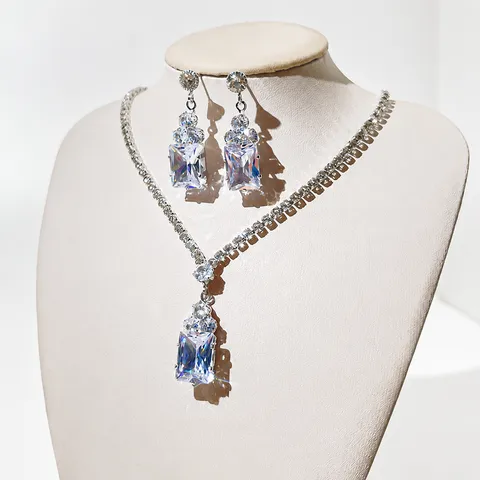Elegant Zircon Rhinestone Earring And Necklace Two Piece Set Silver Plated Alloy Jewelry Set For Women Party