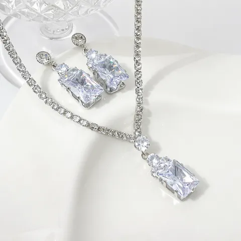 Elegant Zircon Rhinestone Earring And Necklace Two Piece Set Silver Plated Alloy Jewelry Set For Women Party