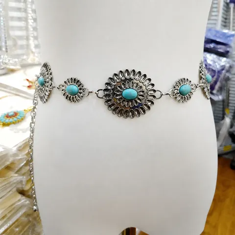Women Retro Metal Waist Chain Floral Turquoise Waist Belt Vintage Dress Sweater Decorative Body Chain Fashion Jewelry