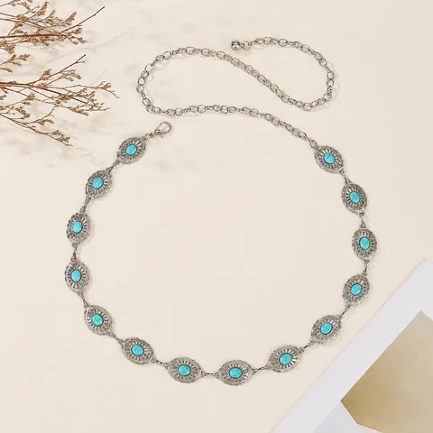 Vintage Ethnic Style Metal Waist Chain Turquoise Inlaid Carved Belt For Women