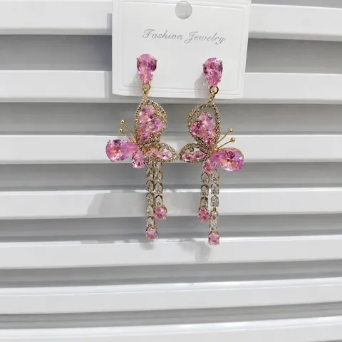 Chic Pink Butterfly Tassel Earrings Alloy Rhinestone With Silver Earring Post Fashion Jewelry For Women Gift