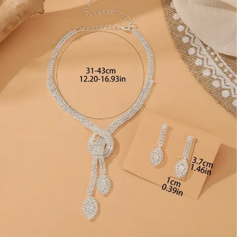Women Crystal Rhinestone Necklace And Earrings Set Y Shaped Collarbone Chain Bridal Wedding Party Jewelry
