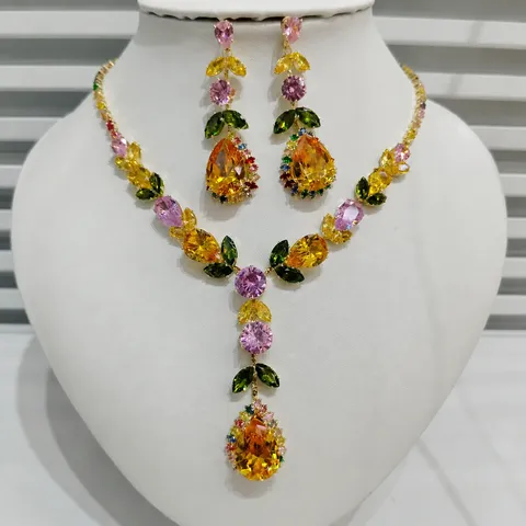 Fashion Luxury Zircon Artificial Crystal Pineapple Necklace And Earrings Set For Women Party Jewelry