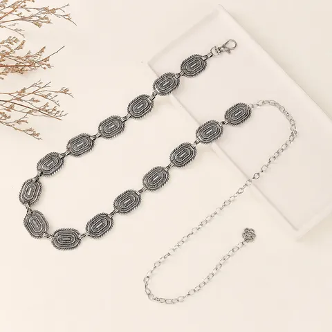 Retro Ethnic Carved Metal Waist Chain Adjustable Antique Gold Silver Waistband Dress Pants Decorative Jewelry For Women