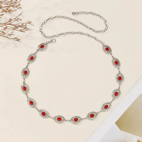 Vintage Ethnic Style Metal Waist Chain Turquoise Inlaid Carved Belt For Women
