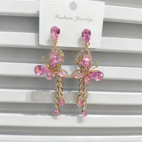 Chic Pink Butterfly Tassel Earrings Alloy Rhinestone With Silver Earring Post Fashion Jewelry For Women Gift