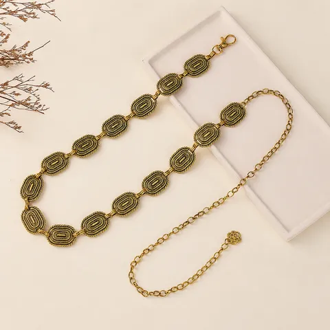 Retro Ethnic Carved Metal Waist Chain Adjustable Antique Gold Silver Waistband Dress Pants Decorative Jewelry For Women