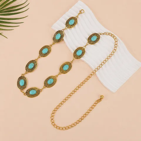 Women's Fashion Waist Chain Vintage Turquoise Metal Belt Retro Body Chain Dress Jeans Decorative Jewelry Accessory