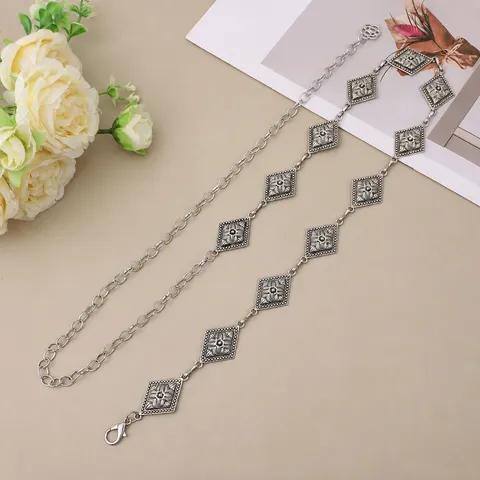 Women Retro Metal Waist Chain Geometric Carved Waist Decor Dress Fashion Accessories