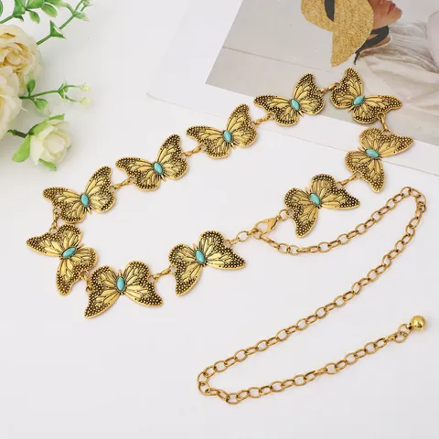 Bohemian Vintage Butterfly Metal Waist Chain Women Fashion Turquoise Waist Band Dress Shirt Body Jewelry