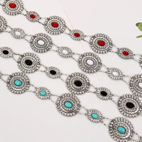 Women Fashion Retro Metal Waist Chain Floral Turquoise Stone Dress Accessory Versatile Body Chain Jewelry