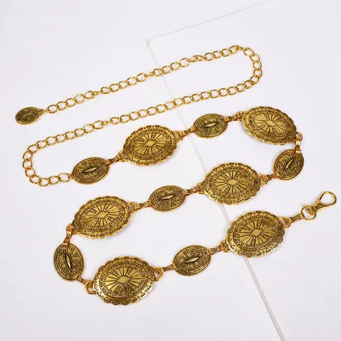 Fashion Vintage Bohemian Metal Waist Chain Women Trendy Geometric Carved Hollow Out Adjustable Waist Belt Body Jewelry