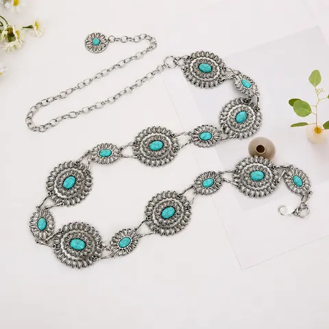 Women Fashion Retro Metal Waist Chain Floral Turquoise Stone Dress Accessory Versatile Body Chain Jewelry